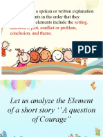 Narrative Setting, Characters, Plot, Conflict or Problem, Conclusion, and Theme