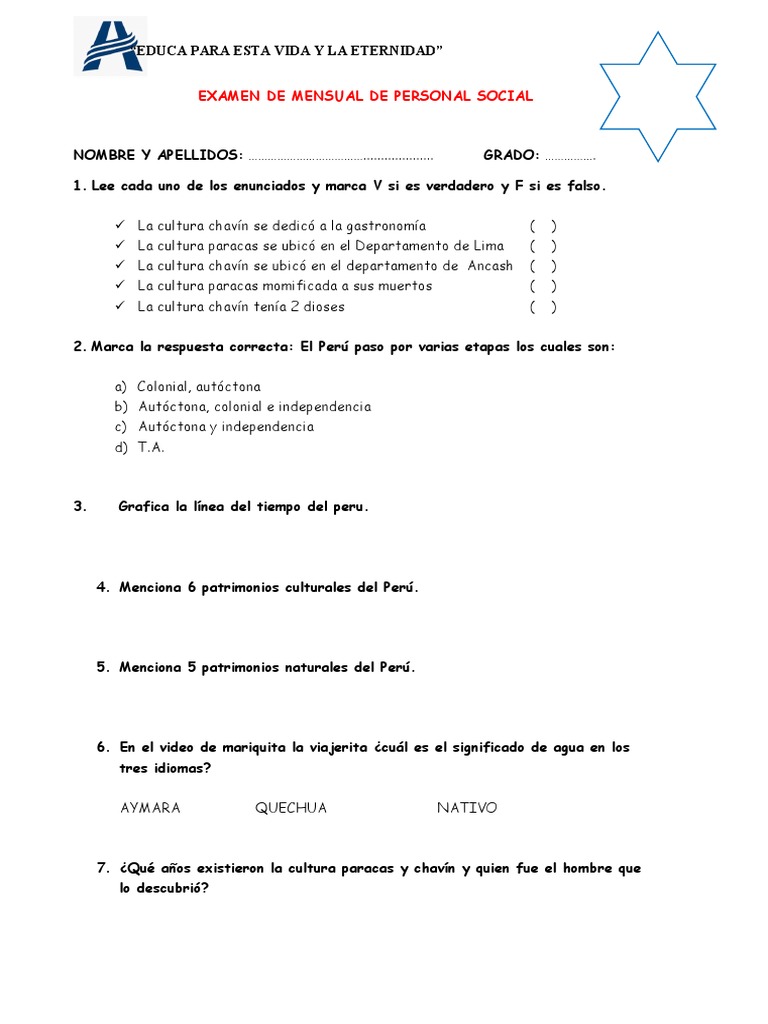 Examen Mensual de Personal Social | PDF