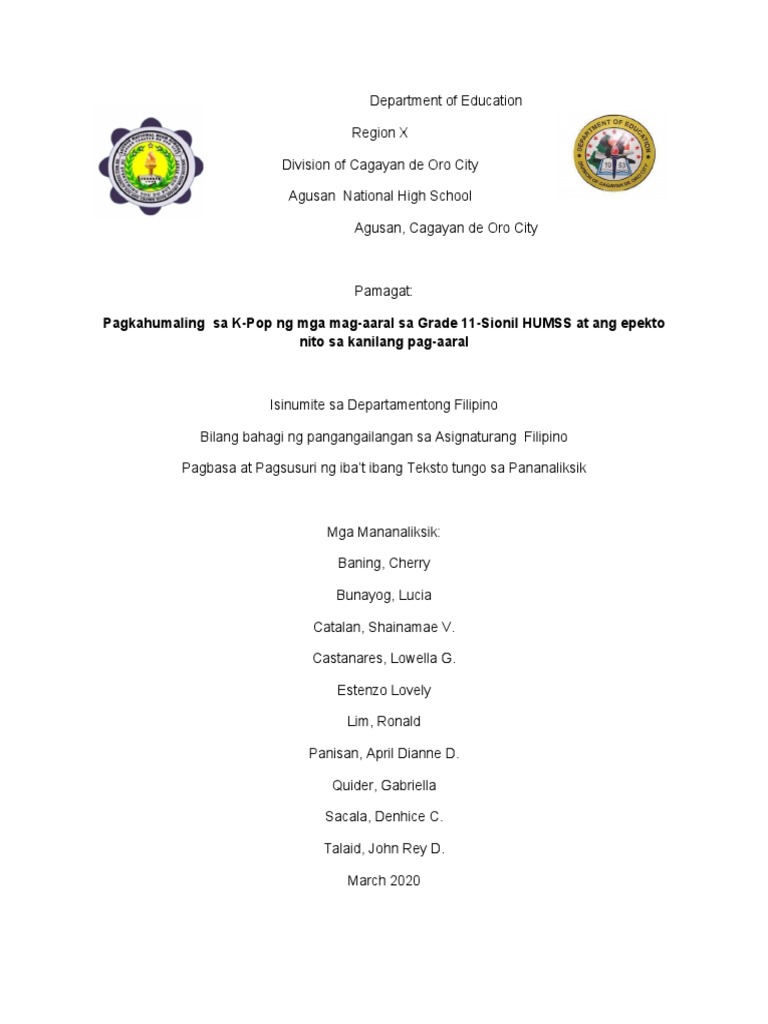 Pagkahumaling Sa K Pop Ng Mga Mag Aaral Sa Grade 11 Sionil Humss At Ang Epekto Nito Sa Kanilang Pag Aaral