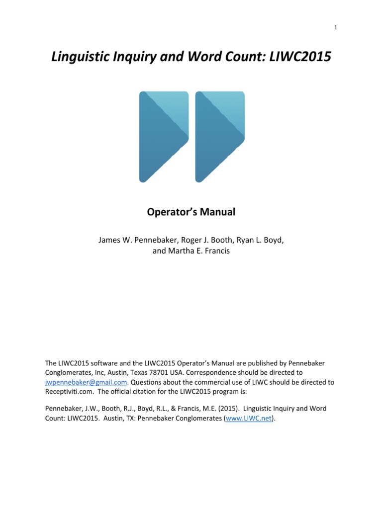 Linguistic Inquiry and Word Count: LIWC2015: Operator's Manual | PDF ...