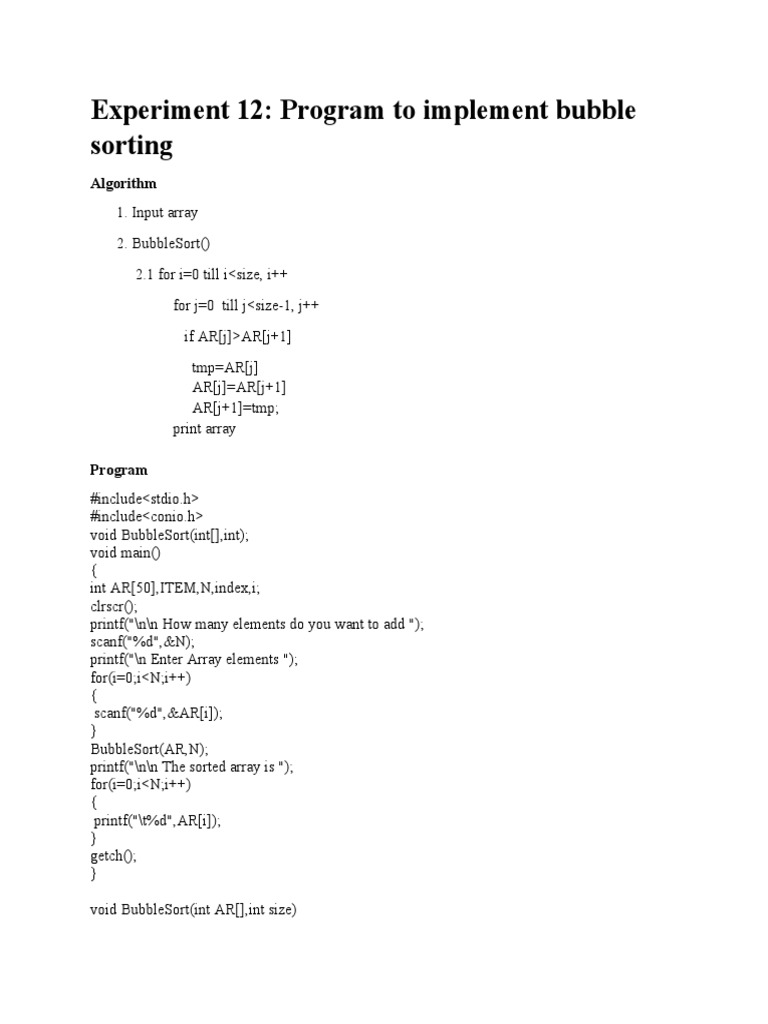 Experiment 12: Program To Implement Bubble Sorting: Algorithm | PDF ...