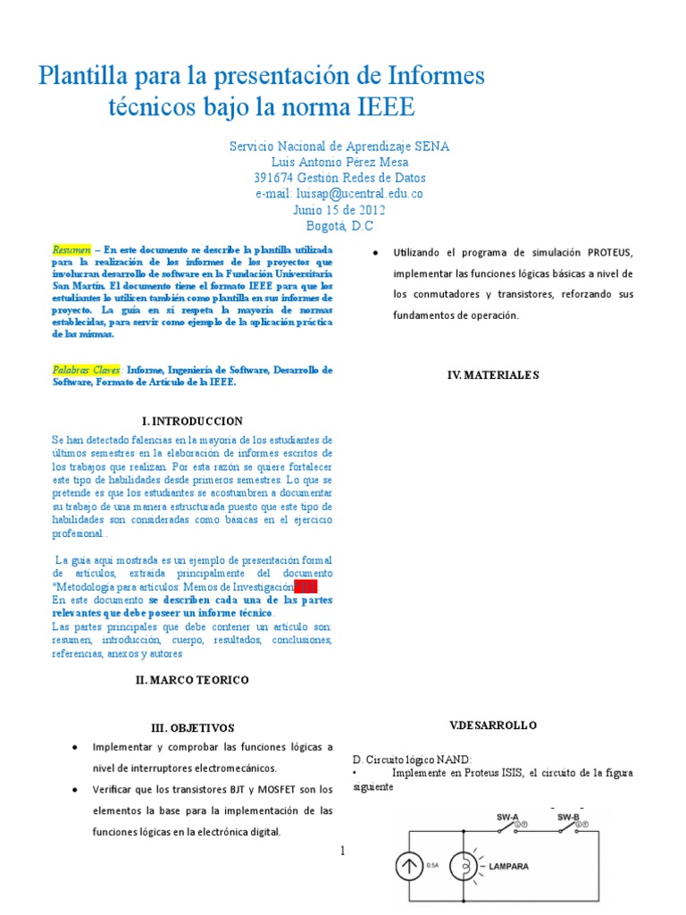 Plantilla para Presentacion de Informe Tecnico IEEE Adaptacion 1 | PDF ...
