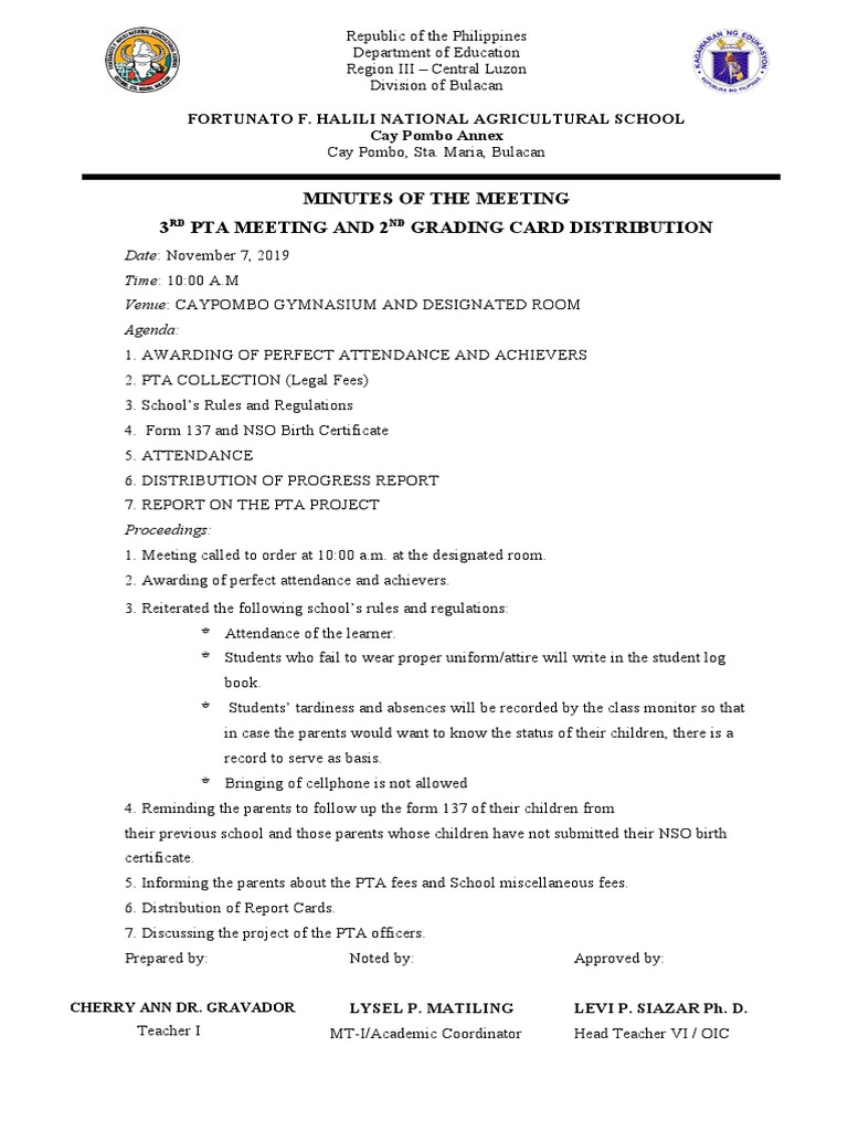 Minutes of the 3rd PTA Meeting and 2nd Grading Card Distribution at ...