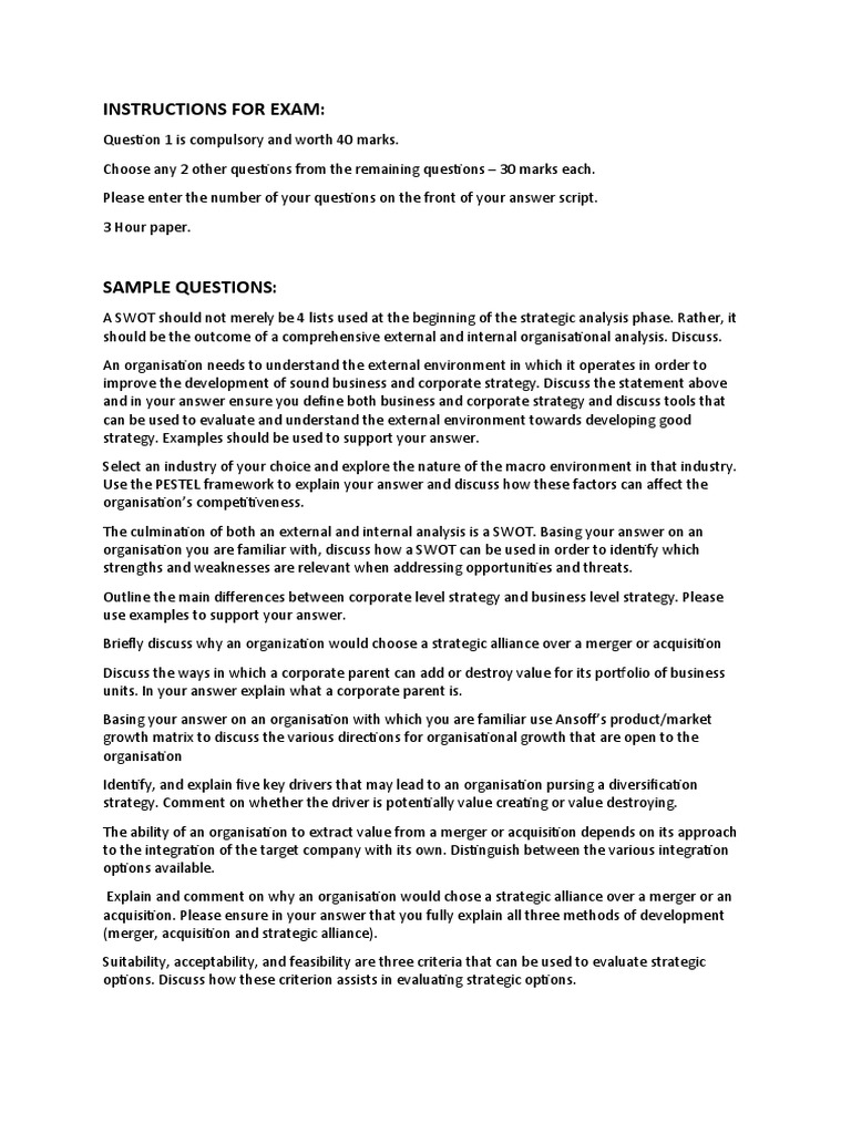 Exam Guide: SWOT Analysis Questions | PDF | Swot Analysis | Strategic ...