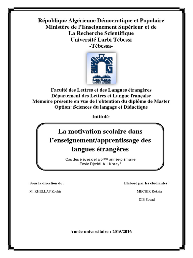 Page De Garde Cahiers Outils Avec Manny Et Ses Outils La Motivation Scolaire Dans L'enseignement/apprentissage Des Langues  Étrangères | PDF | Motivation | Motivant