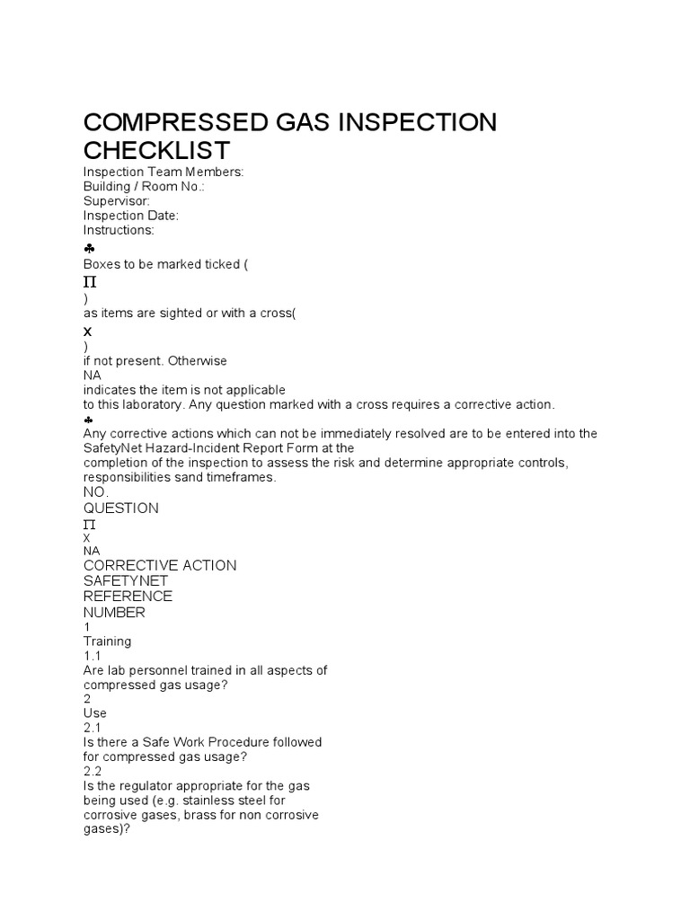 Compressed Gas Safety Inspection Checklist | PDF | Teaching Methods ...