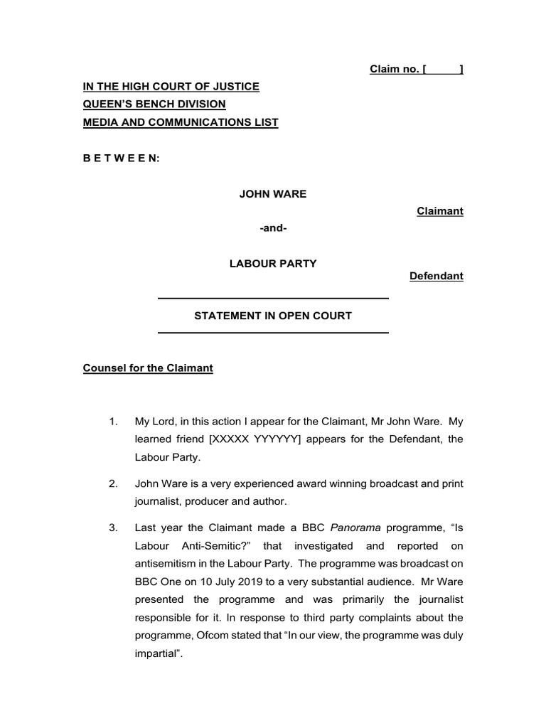 Claim No. in The High Court of Justice Queen'S Bench Division Media and