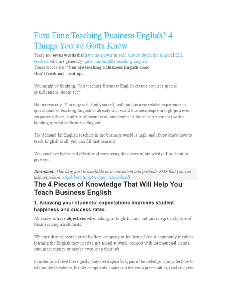 First Time Teaching Business English PDF English As A Second Or