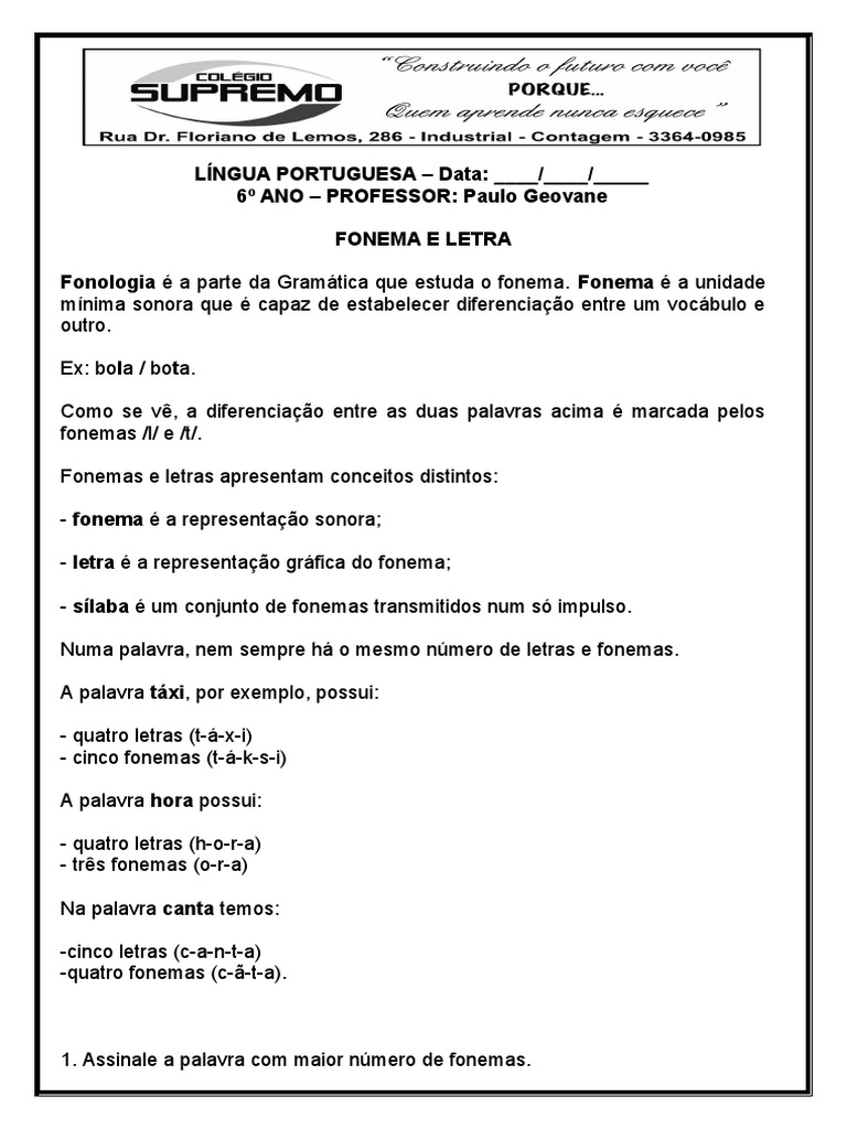 Atividades sobre Fonemas e Letras 6º Ano | PDF | Fonema | Vogal
