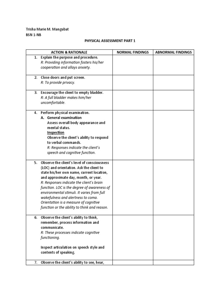 Physical Assessment Part 1 Action & Rationale Normal Findings Abnormal
