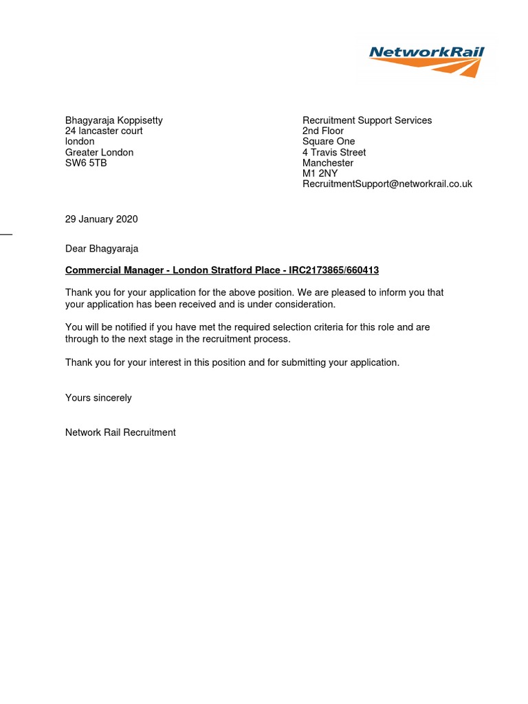 Application Acknowledgment - Network Rail | PDF