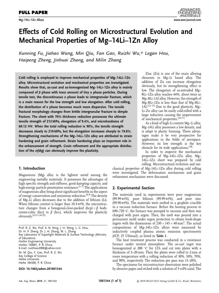 Effects of Cold Rolling On Microstructural Evolution and Mechanical ...