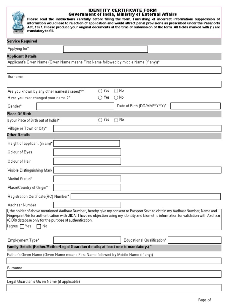 Identity Certificate Form Government of India, Ministry of External ...
