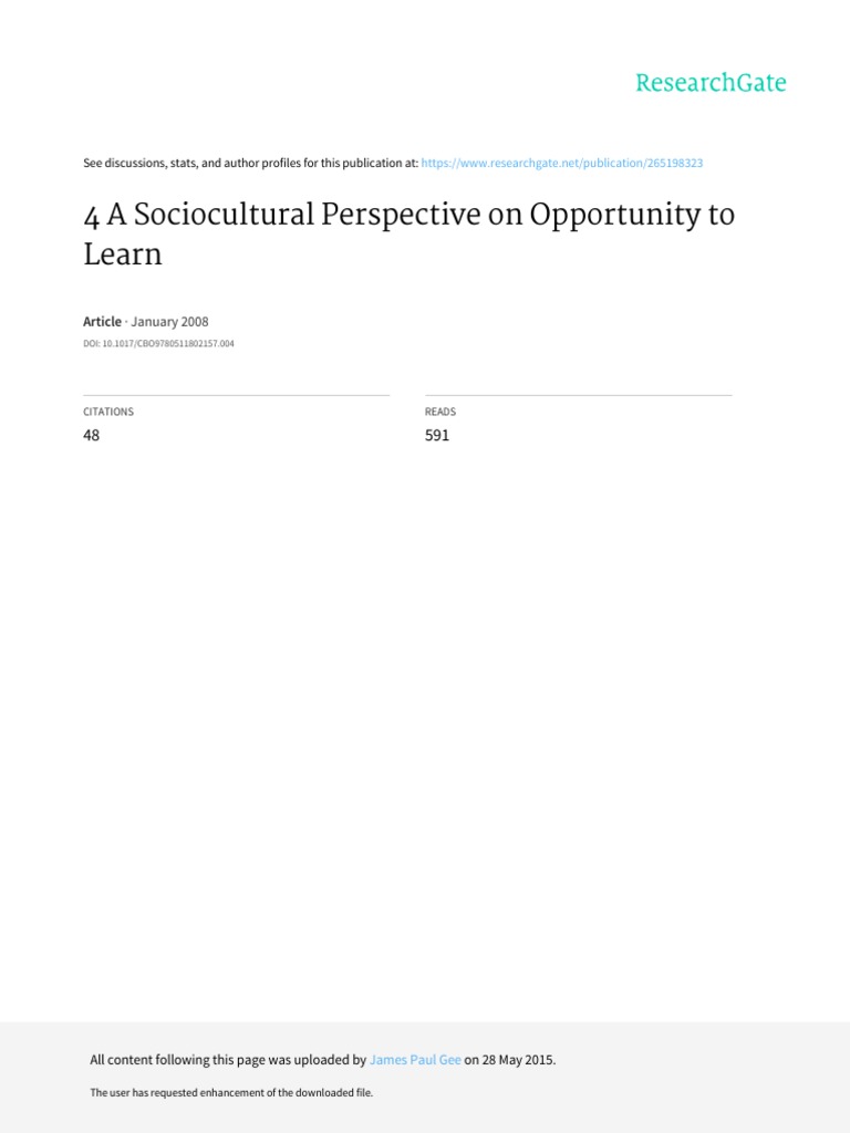 Sociocultural Insights on Learning Opportunities | PDF | Embodied ...
