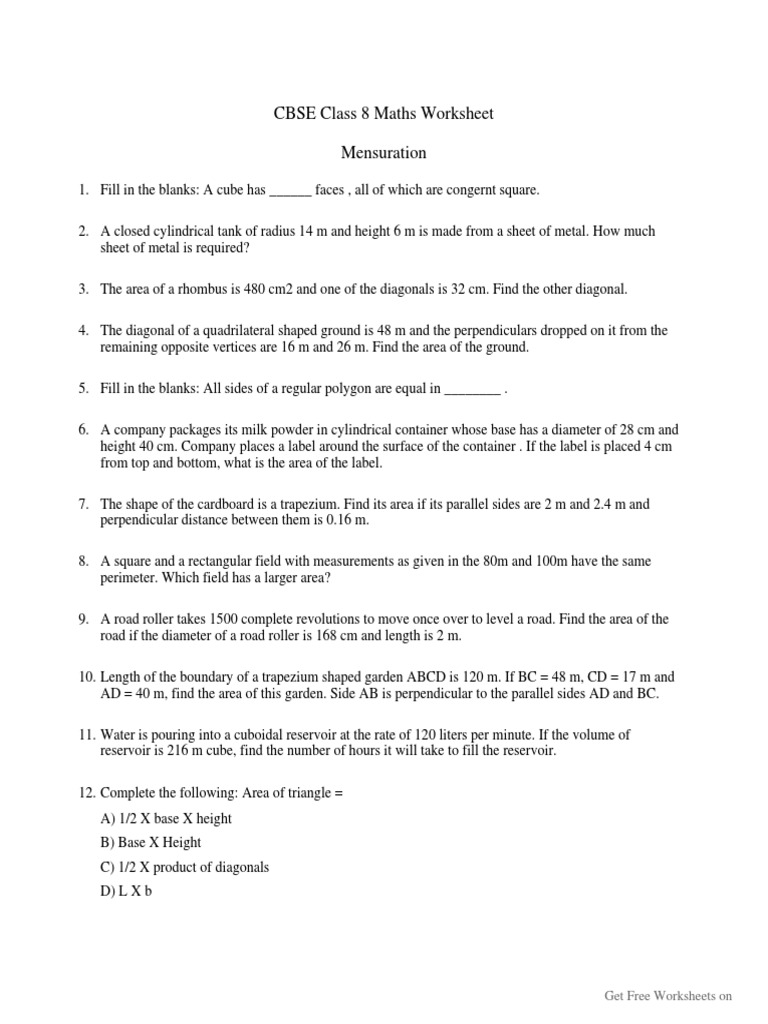 Mensuration CBSE Class 8 Worksheet PDF Area Length