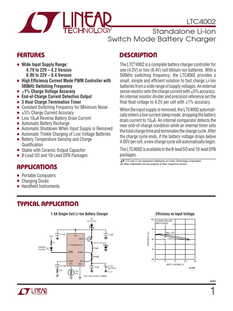 Features Descriptio: LTC4002 Standalone Li-Ion Switch Mode Battery ...