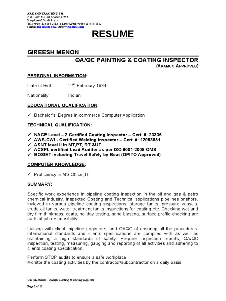 Qc Inspector Painting Coating Gireesh Menon Nondestructive Testing Welding