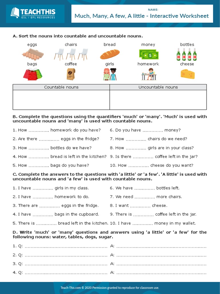 Much Many A Few A Little Interactive Worksheet Pdf Noun Syntactic Relationships