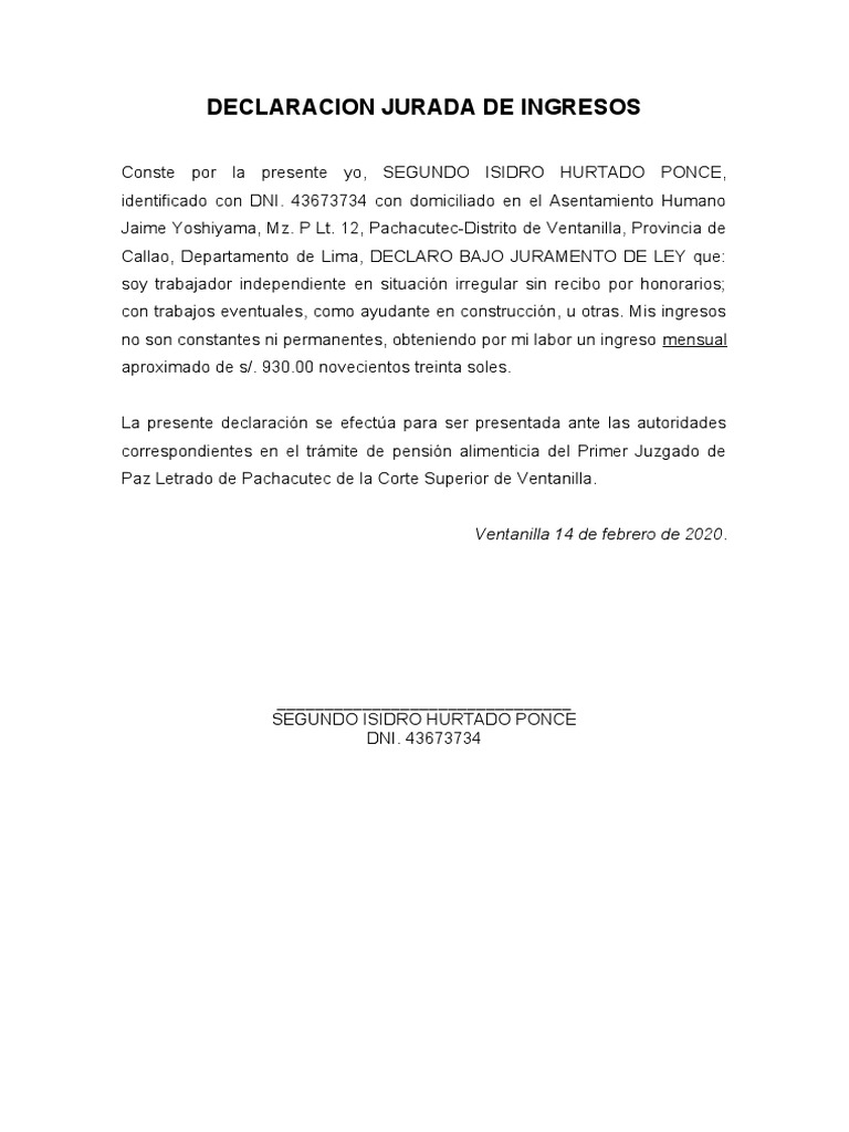 Declaración Jurada de Ingresos 2020 | PDF | Ciencias sociales | Derecho