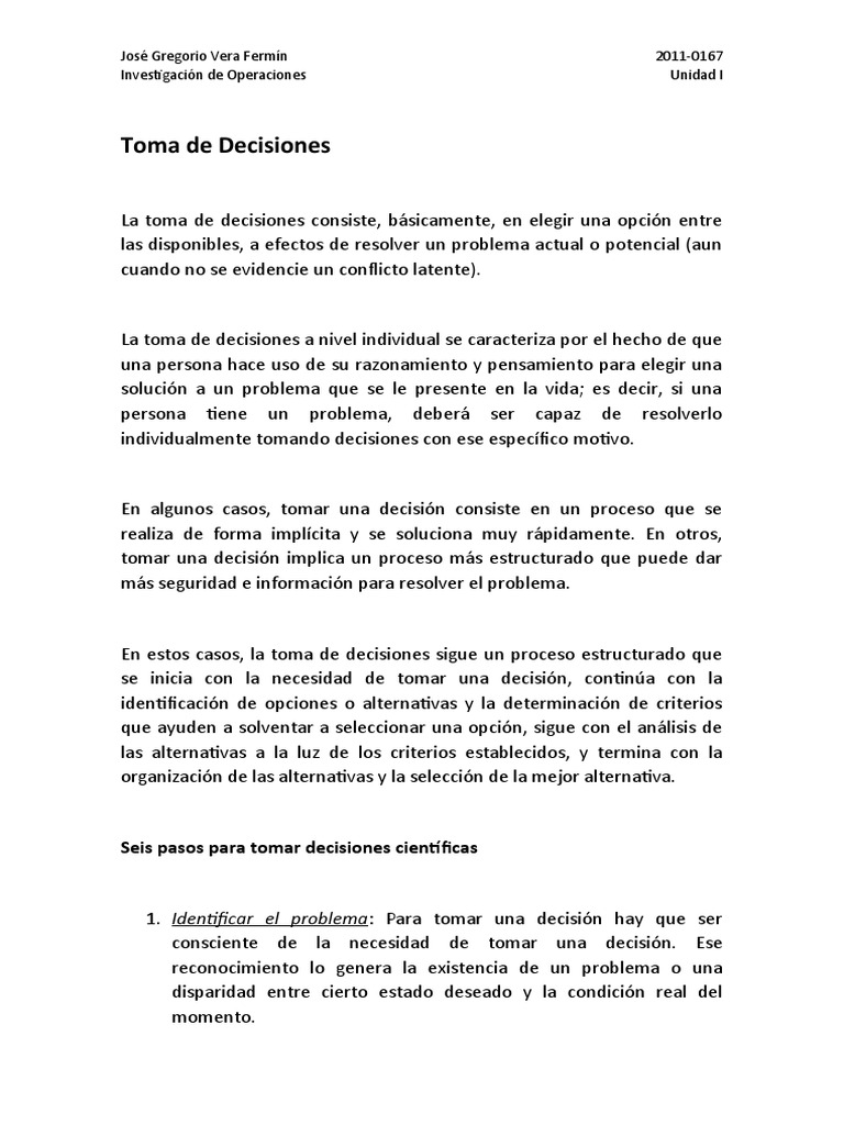 Unidad I - Toma de Decisiones | PDF | Toma de decisiones | Ciencia ...