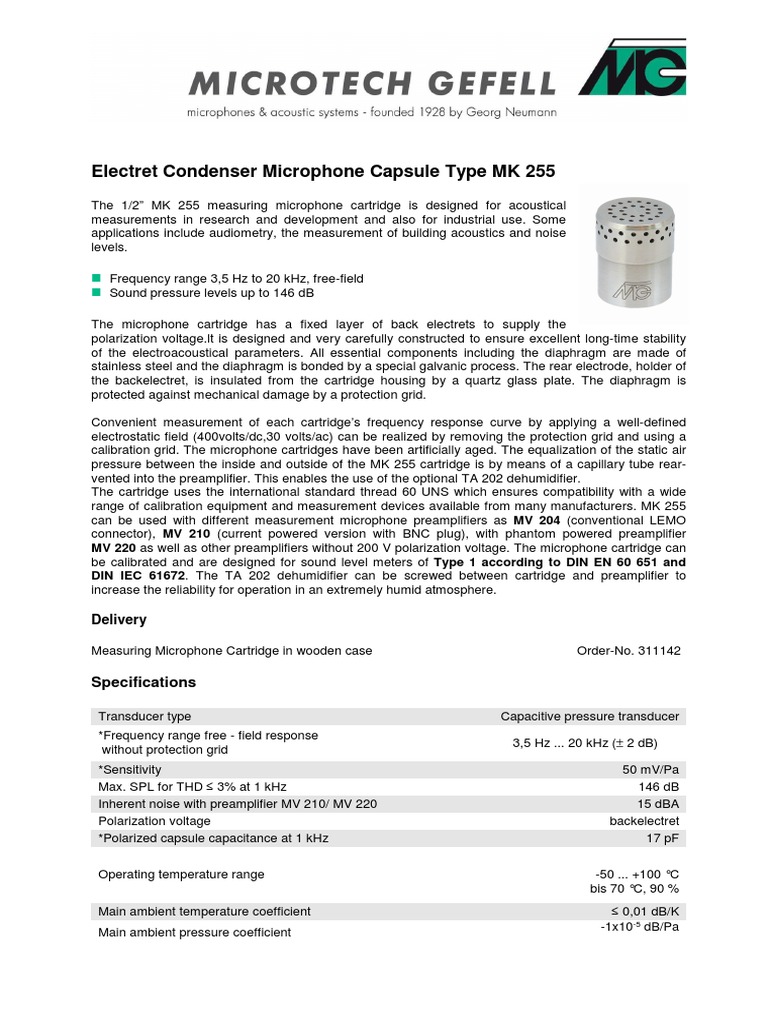 Electret Condenser Microphone Capsule Type MK 255 Specifications PDF