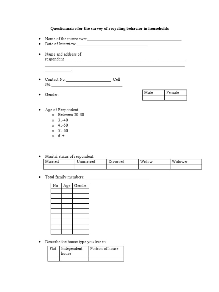 Final Questionnaire For The Survey of Recycling Behavior in Households