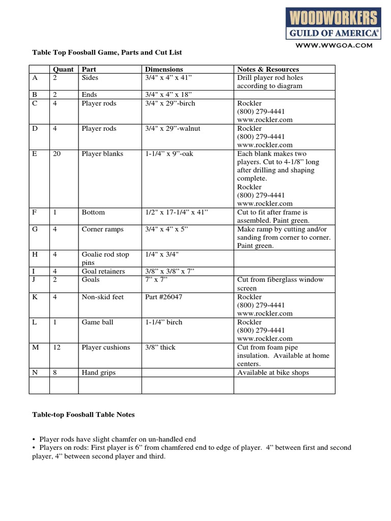 Foosball Table Parts and Dimensions Guide | PDF | Manufactured Goods ...