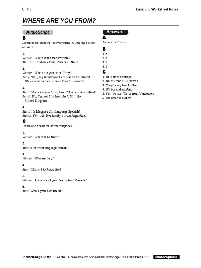 Interchange Intro Unit 3 Listening Guide | PDF