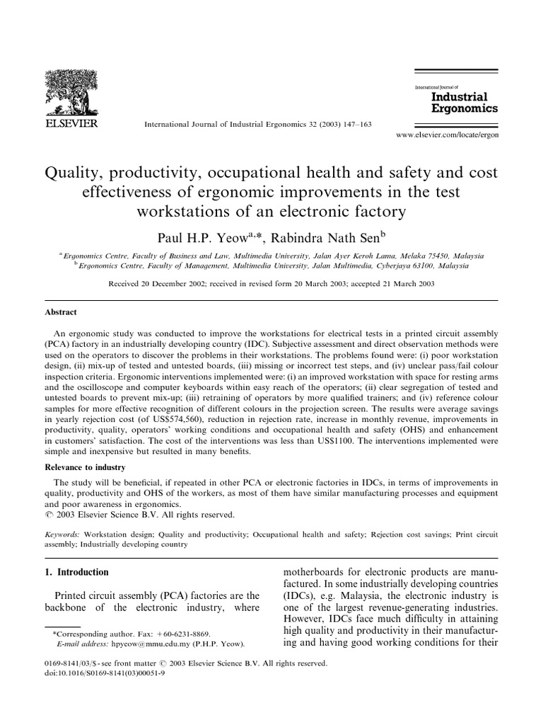 Quality, Productivity, Occupational Health and Safety and Cost | PDF ...