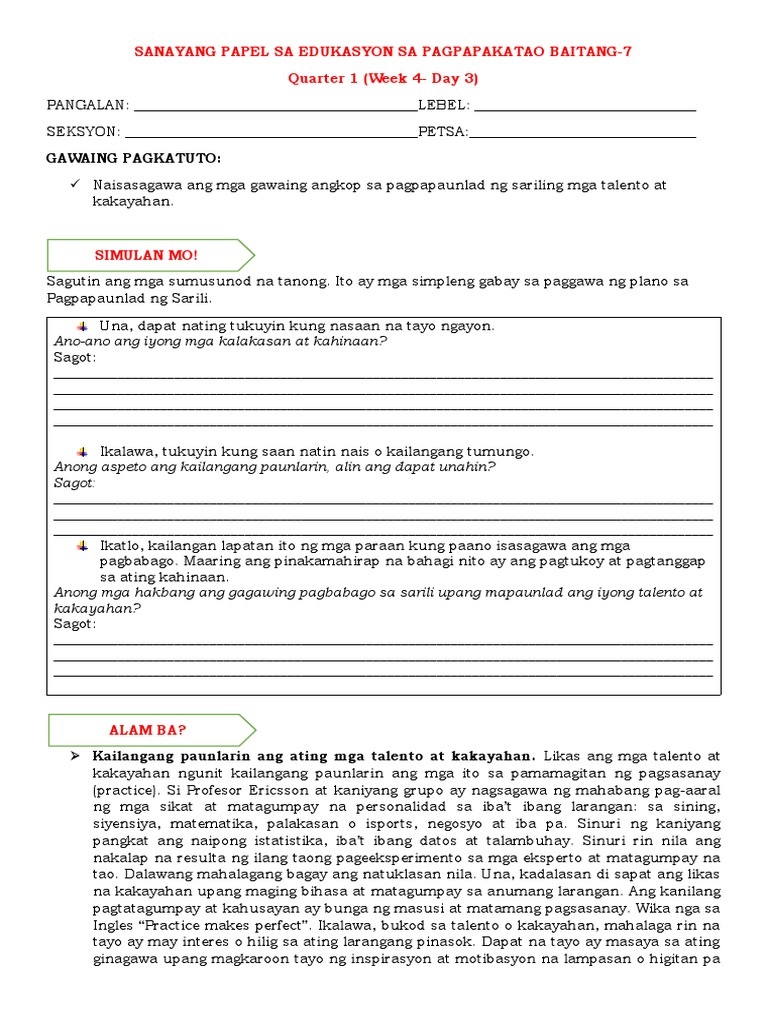 Activity Sheet - Esp 7 Week 4 Day 3 | PDF
