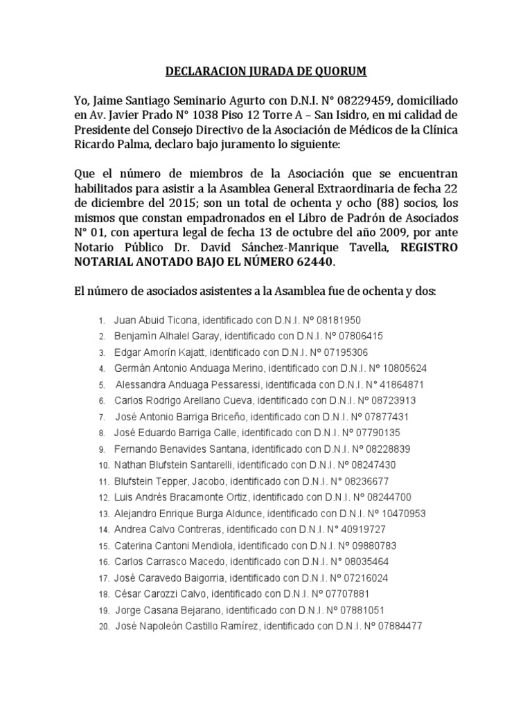Declaración Jurada de Quórum 2015 | PDF