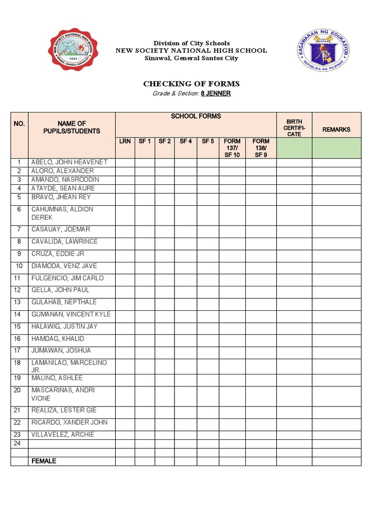 Grade 8 Student Form Checklist | PDF