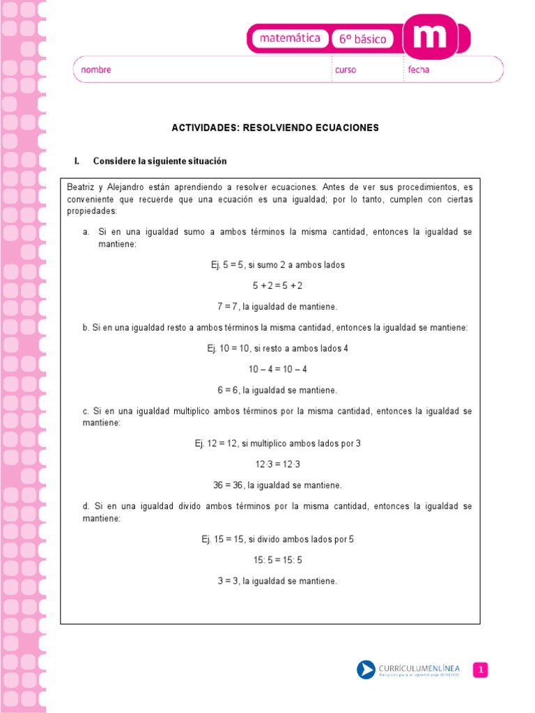 Ecuaciones Sexto Basico Curriculum Chile PDF Ecuaciones Álgebra