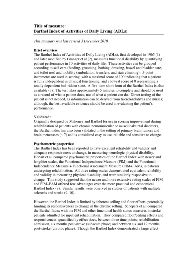 Barthels Index of ADLs PDF | PDF | Effect Size | Clinical Medicine