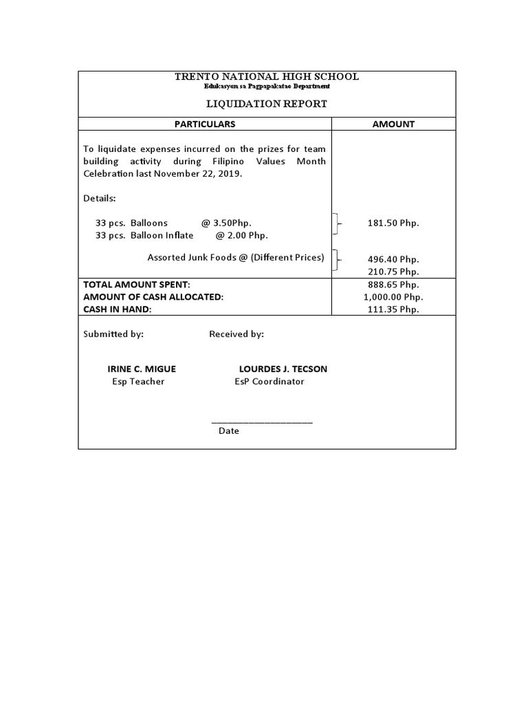 School Liquidation Report Sample | PDF
