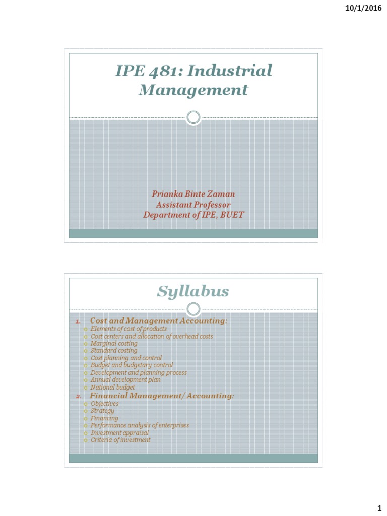 IPE 481 Industrial Management Syllabus PDF Cost Labour Economics