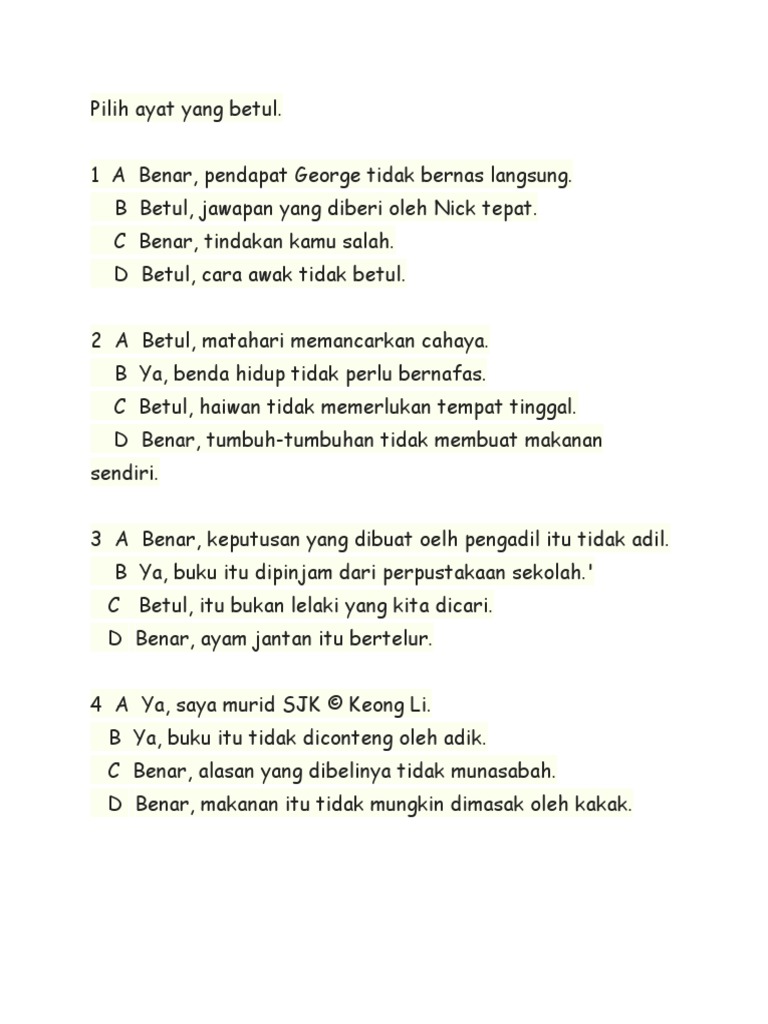 Pilih Ayat Yang Betul Kata Pembenar