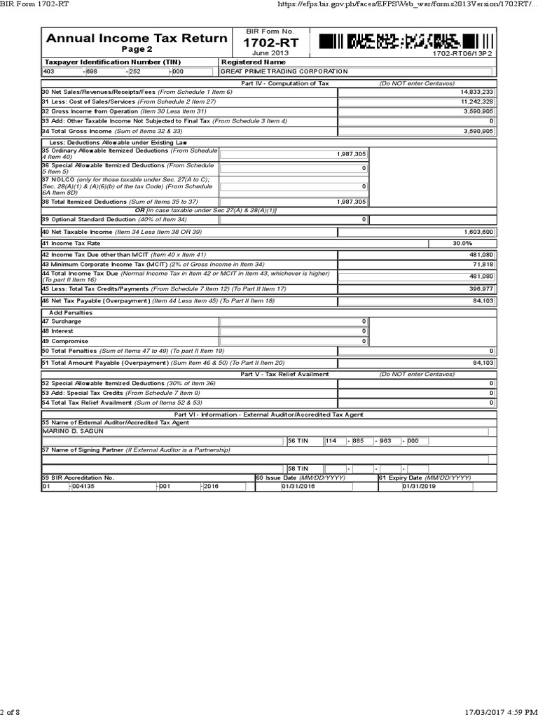 Sample BIR Form 1702-RT Computation | PDF | Tax Deduction | Gross Income