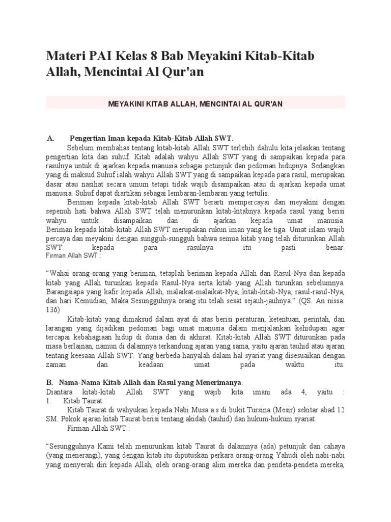Materi Pai Kelas 8 Bab Meyakini Kitab Kitab Allah Docx
