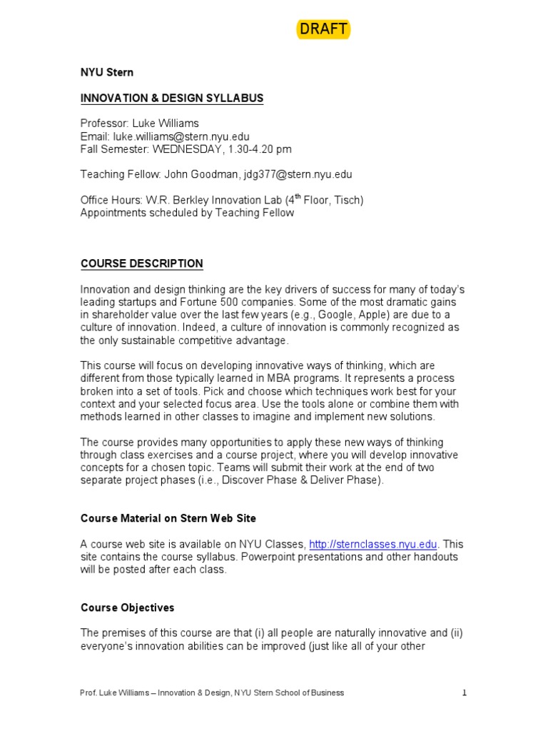 Draft NYU Stern Innovation & Design Syllabus PDF Innovation Idea