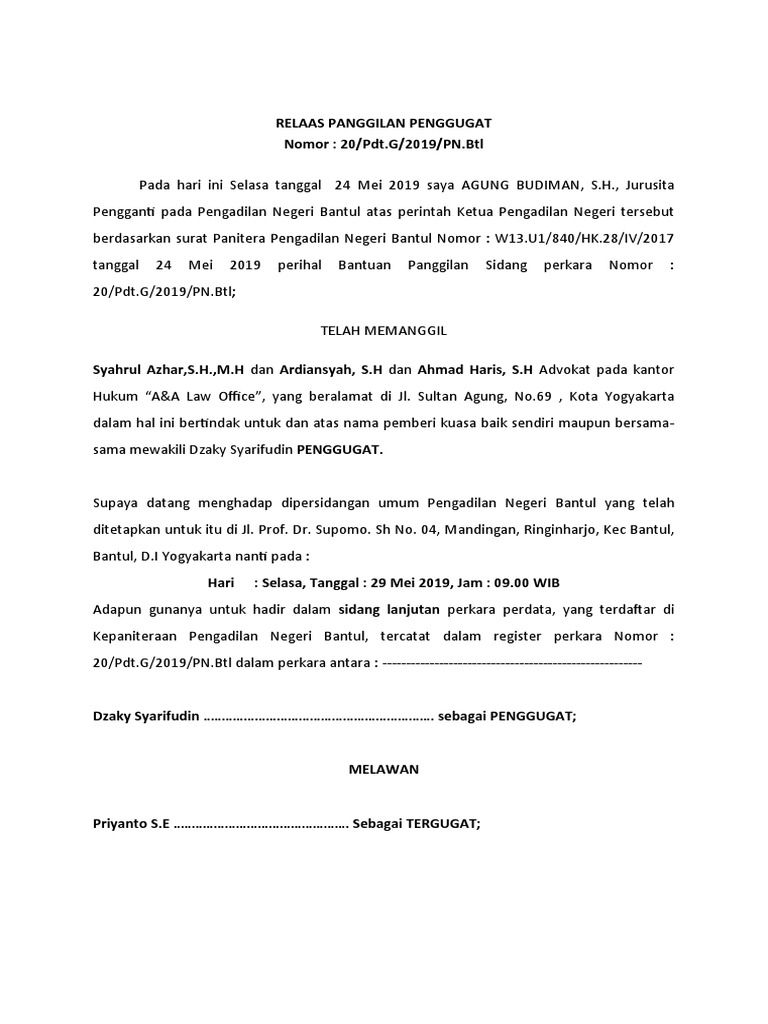 Relaas Panggilan Sidang Perdata 2019 | PDF