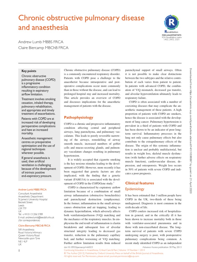 Chronic Obstructive Pulmonary Disease and Anaesthesia Andrew Lumb Mbbs