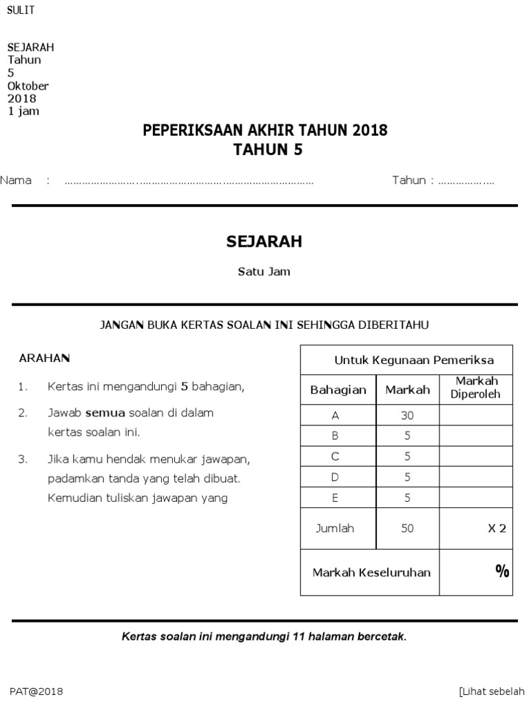 2018 Pat Sejarah Thn 5 Pdf