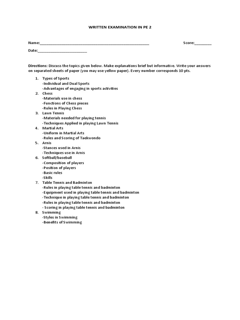 Written Examination in Pe 2 | PDF | Sports & Recreation