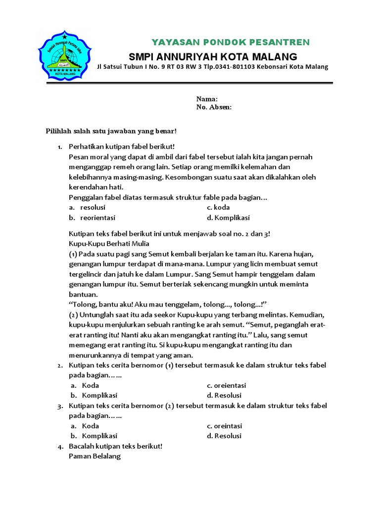 Ulangan Harian Fabel Pdf