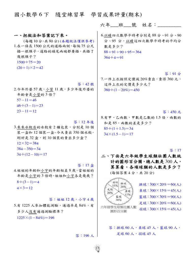 數學6下第15回隨堂練習單 教 學習成果評量 期末 Pdf