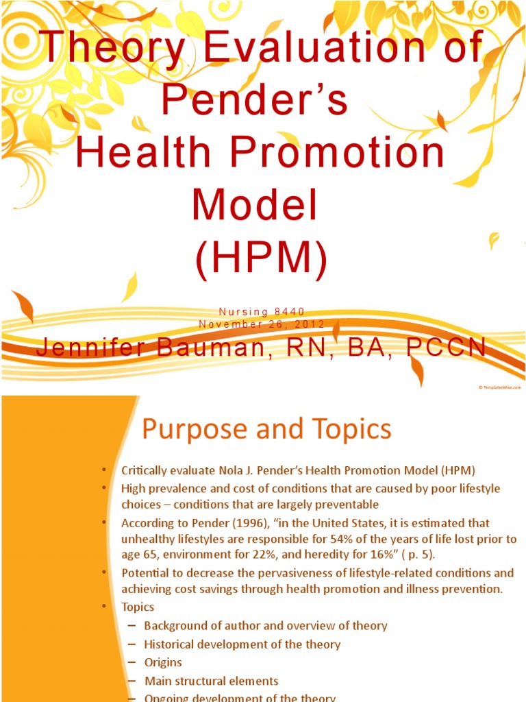 Evaluation of Pender's Health Promotion Model | PDF | Self Efficacy ...