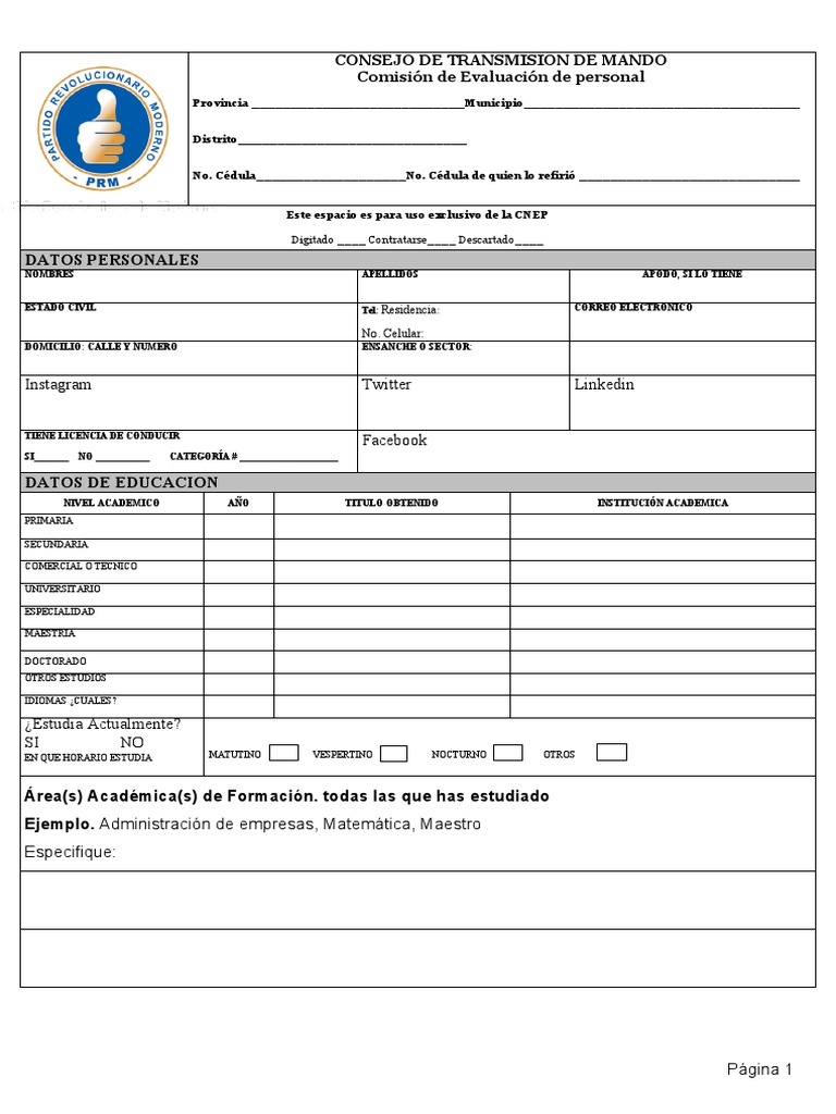 Formulario PRM CNEP para Evaluación Personal | PDF | Science | Ciencia ...