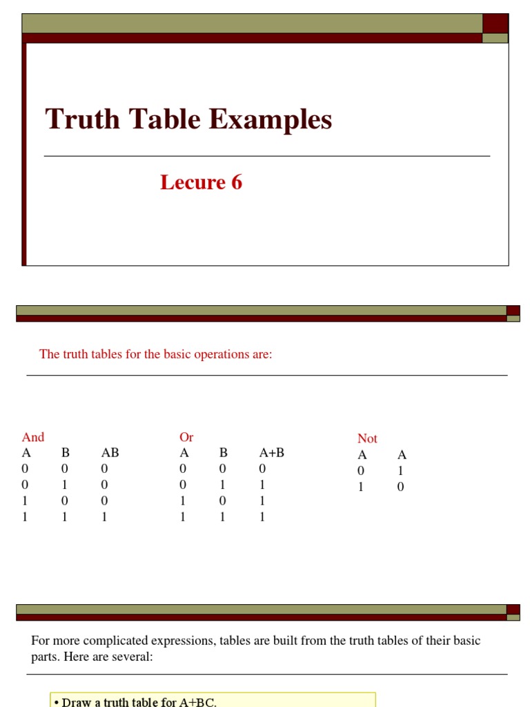 Truth Table Examples: Lecure 6 | PDF