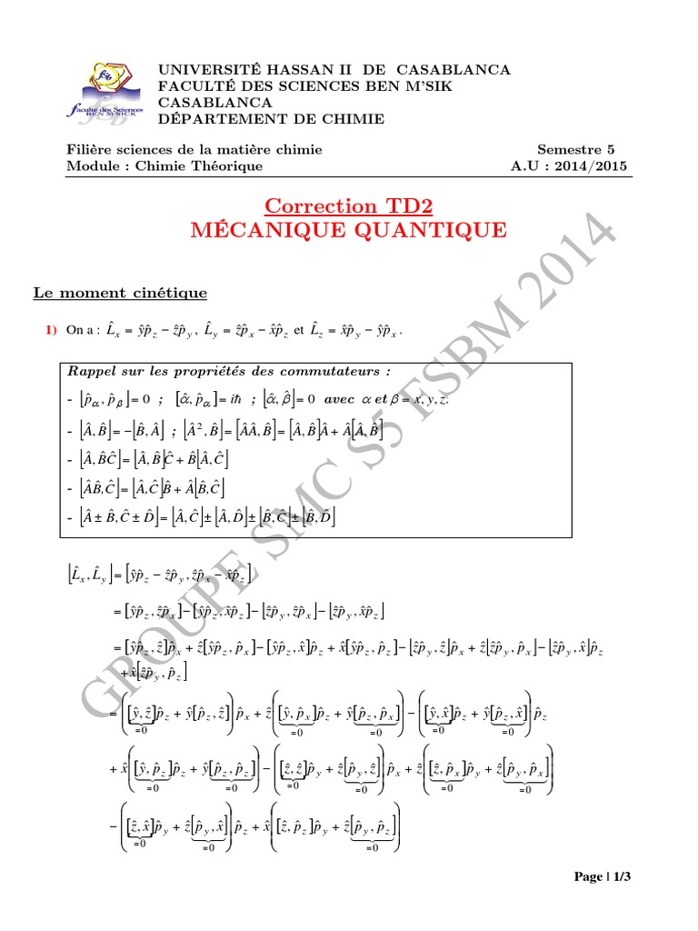 Correction TD2 Mécanique Quantique | PDF | Physique théorique ...